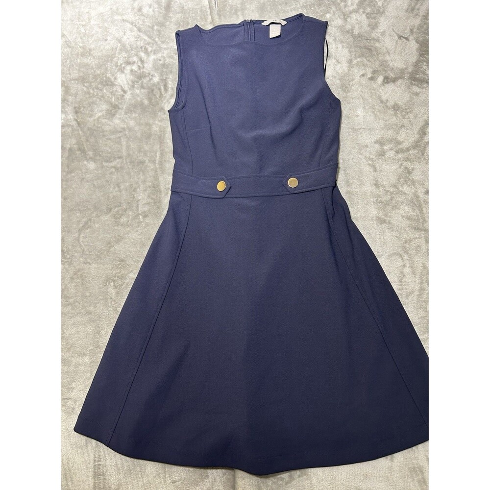 H&M Navy Blue Fit & Flare Dress Womens Small Sleeveless Gold Button A-Line